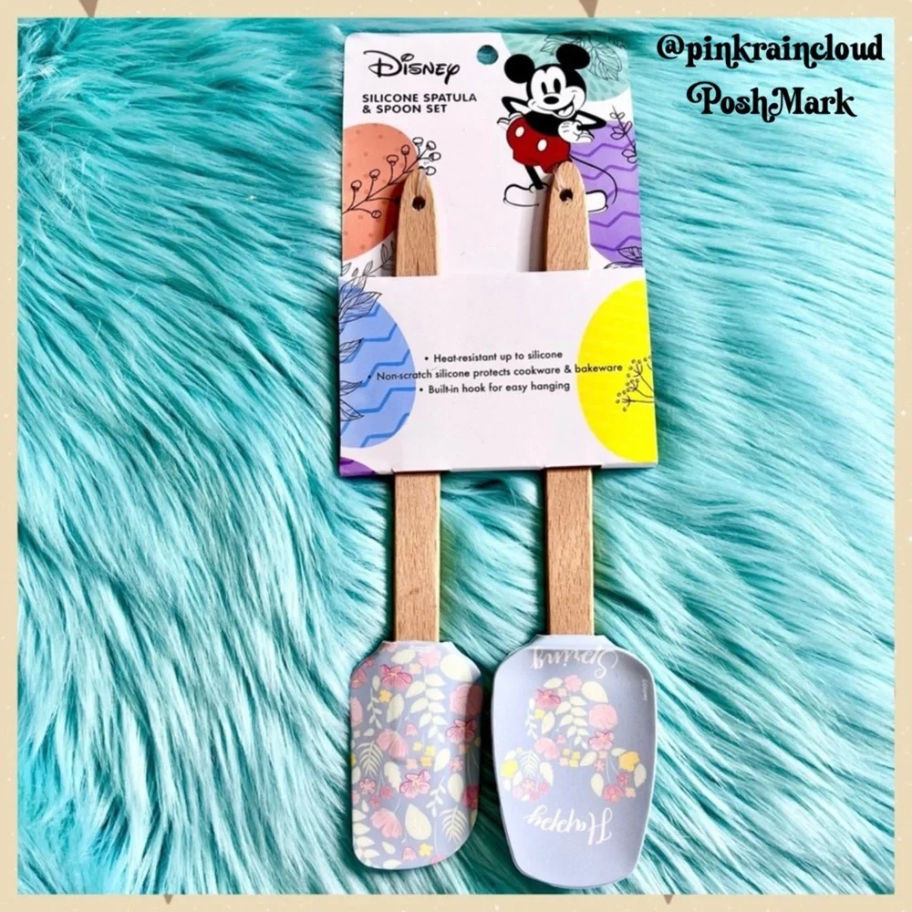 Disney Mickey Floral Silicone Spatula & Spoon Set Wooden Handles